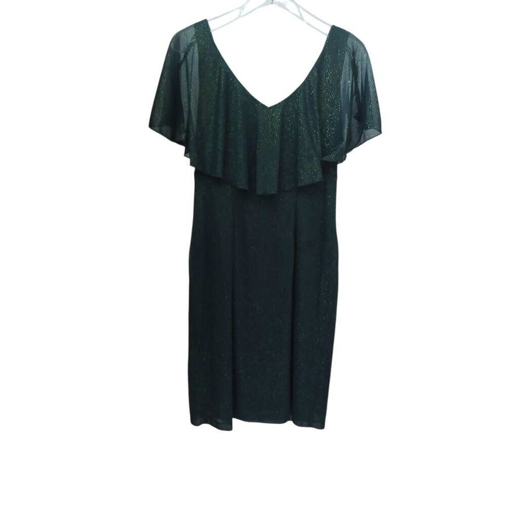 Connected Apparel Green Glitter Dress Size 10 Ruched Flutter Sleeve V Neck Party - Picture 2 of 5